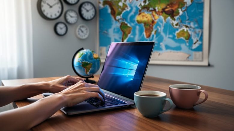 Hands of a freelance writer typing on a laptop at a wooden desk with a small globe and coffee and tea cups; blurred world map and several unlabeled analog clocks in the background, lit by soft daylight.