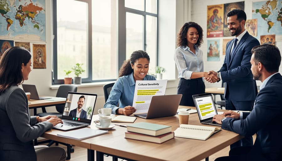 Freelance writer working at home office desk with diverse cultural references visible on shelves