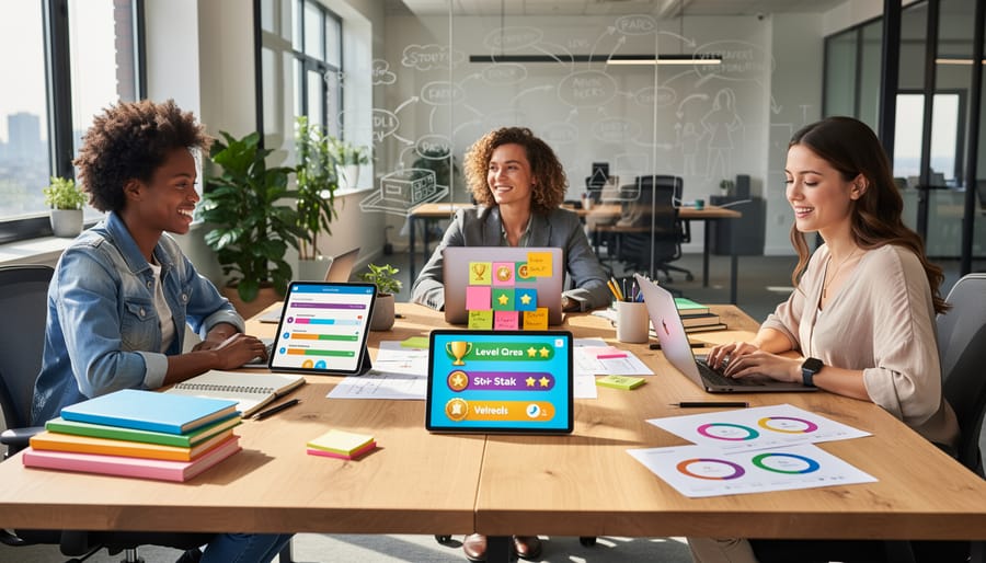 Professional team collaborating on interactive gamified content in office setting