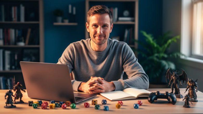Eye-level medium shot of a Canadian freelance writer at a wooden desk, typing beside RPG dice, a game controller, and fantasy miniatures, with warm side lighting and a softly blurred bookshelf and window in the background.