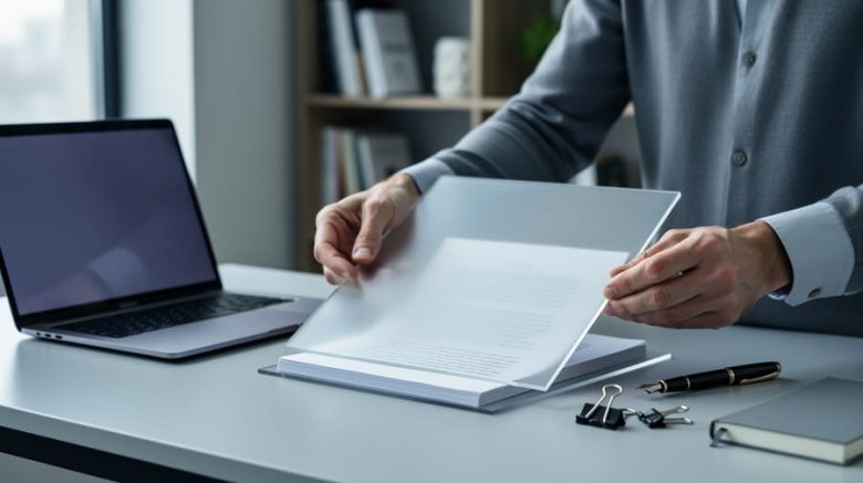 Hands of a professional ghostwriter holding a manuscript partially hidden under a frosted acrylic sheet on a clean desk, with a laptop and pen and blurred office bookshelves behind.