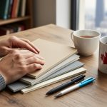 Writer’s hands arrange overlapping blank notebooks on a wooden desk with two crossed pens, a ceramic tea cup, and a maple-leaf motif mug, softly lit by a window with a blurred bookshelf and city skyline in the background.