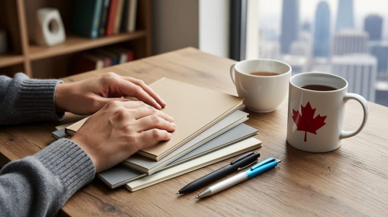 Writer’s hands arrange overlapping blank notebooks on a wooden desk with two crossed pens, a ceramic tea cup, and a maple-leaf motif mug, softly lit by a window with a blurred bookshelf and city skyline in the background.