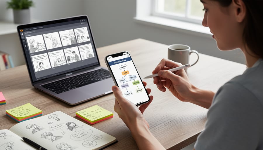 Hands holding smartphone showing interactive story app at freelance writer's desk