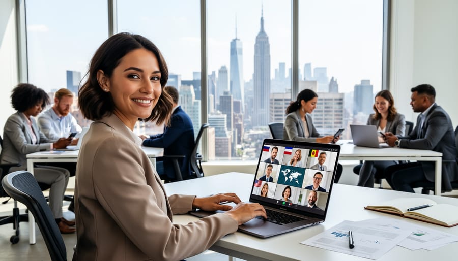 International business professionals collaborating at conference table in modern office