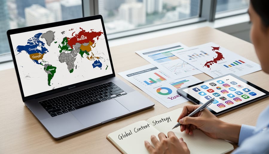 Content creator working with multiple international search engine interfaces on computer screens