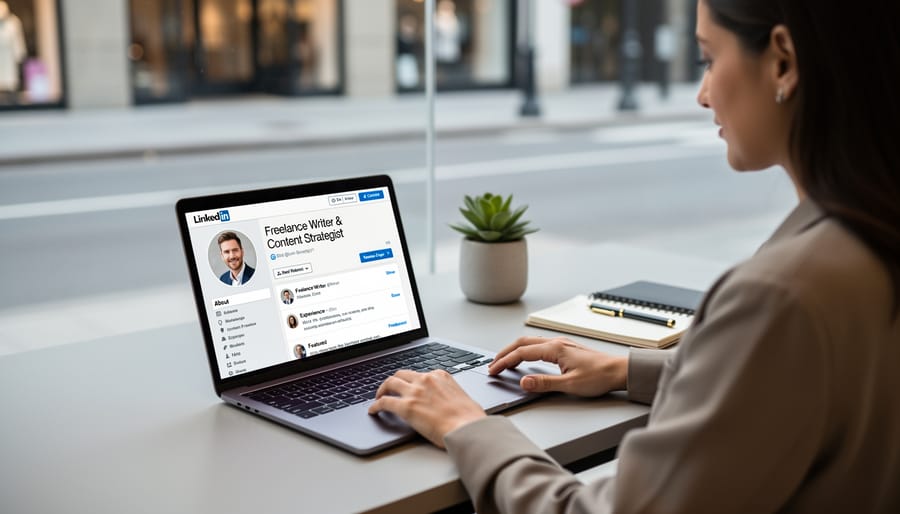 Laptop displaying LinkedIn profile on modern desk workspace