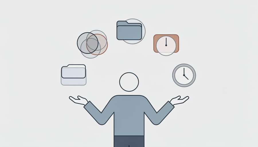 Clock surrounded by colorful task notes representing multiple freelance projects and deadlines