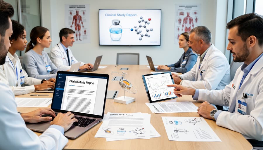 Medical professionals collaborating in pharmaceutical laboratory setting