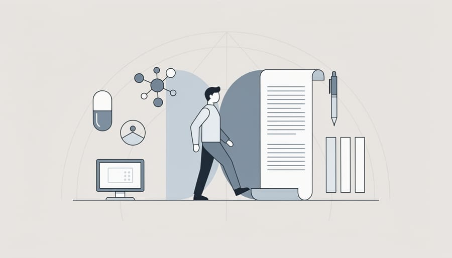 Medical writing tools including laptop, stethoscope, and scientific journals arranged on desk