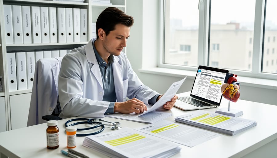 Close-up of medical writer working with scientific documents and laptop