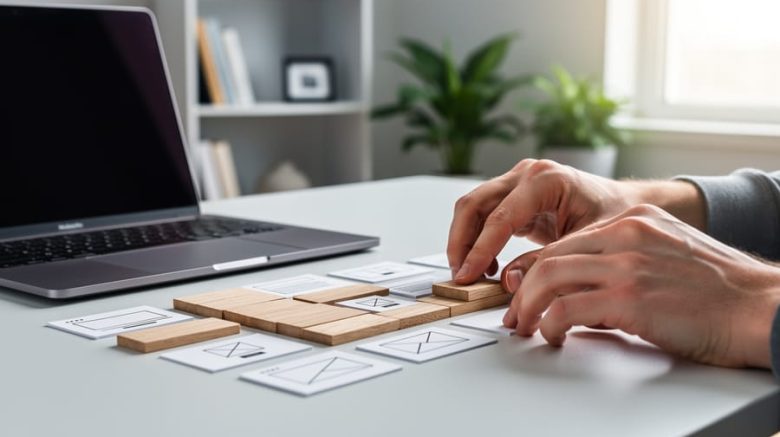 Close-up of a freelance writer’s hands arranging modular wooden blocks into a site layout next to an open laptop on a sunlit desk, with a blurred home office in the background.