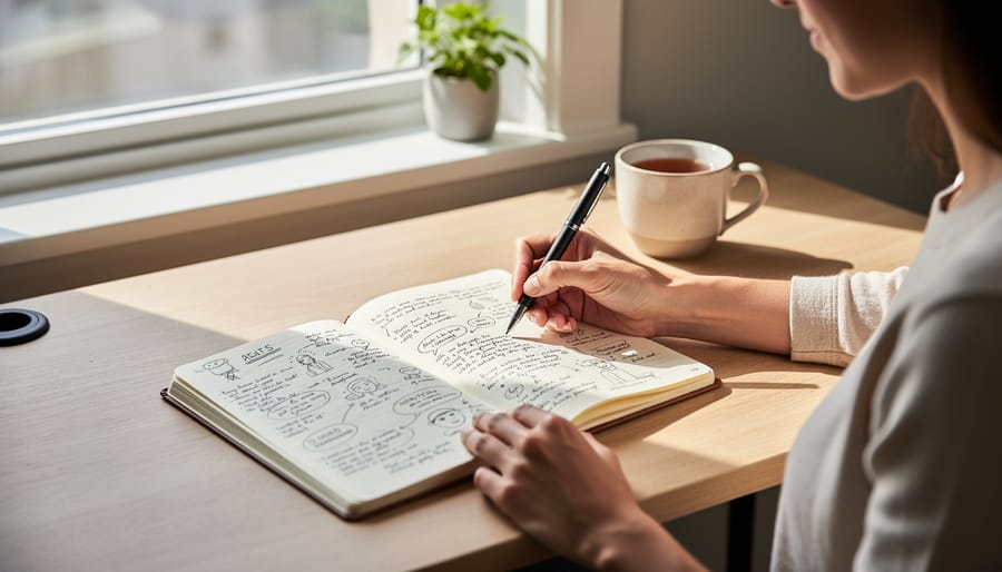 Open handwritten journal with pen and coffee on wooden table