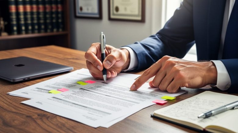 Hands of a freelance writer and an IP lawyer reviewing a grant contract at a wooden desk with pen, sticky tabs, notebook, and closed laptop under soft window light, with law books blurred in the background