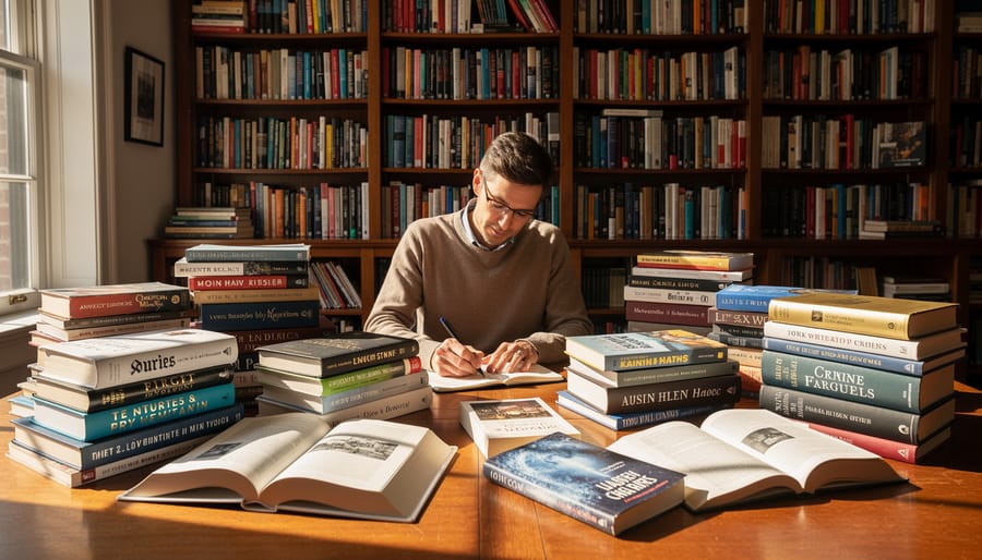 Hands holding stack of diverse books on wooden desk