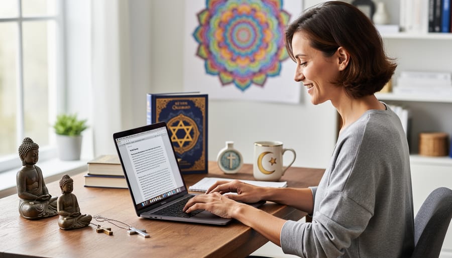 Diverse hands holding various religious texts arranged on desk