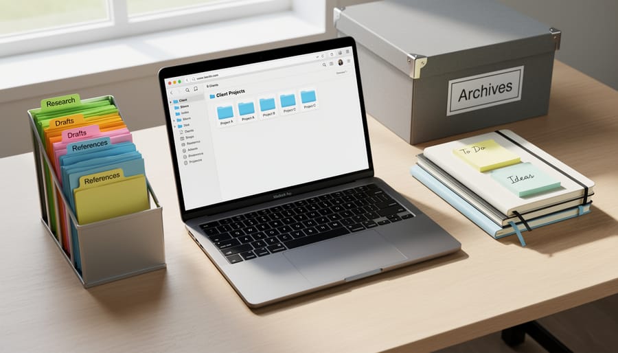 Overhead view of hands organizing research materials with colored sticky notes on desk