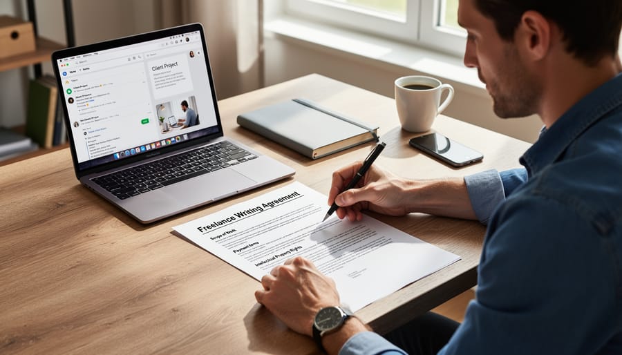 Close-up of hands reviewing contract document with highlighted sections
