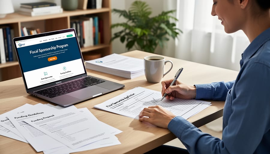 Writer reviewing grant application documents at desk with laptop in background