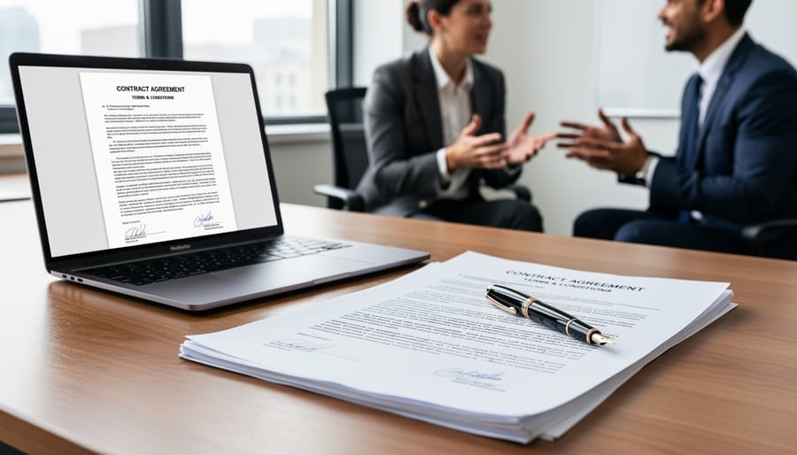 Fountain pen positioned above signature line on contract document