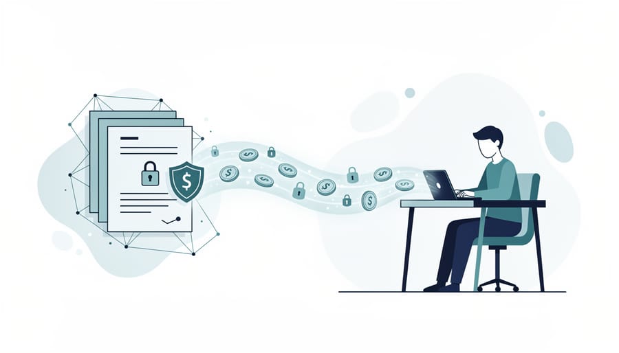 Digital security hologram above laptop showing blockchain smart contract protection for freelance work