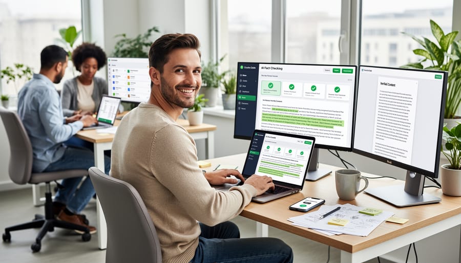 Professional freelance writer working confidently at organized home office desk