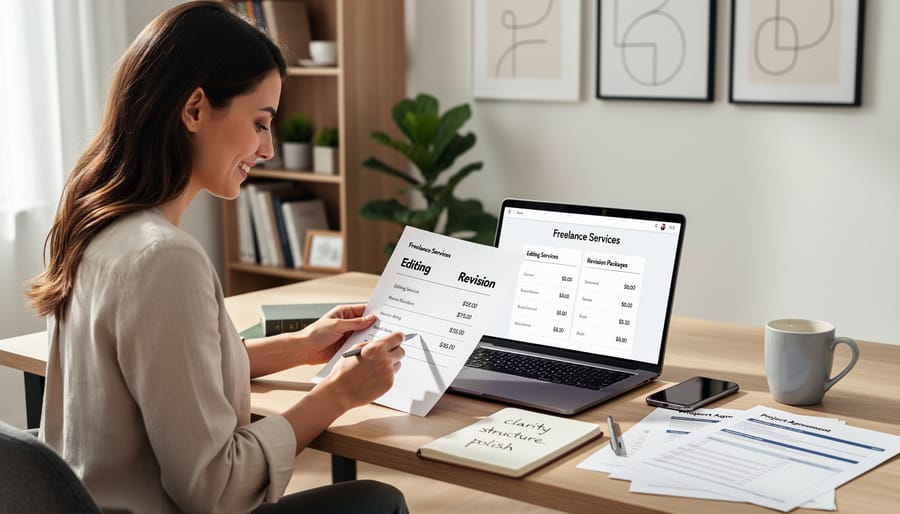 Confident freelance writer working at home office desk with satisfied expression
