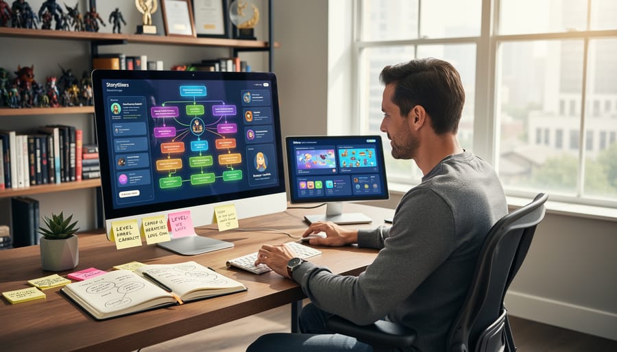 Confident freelance writer working at home office desk with dual monitors