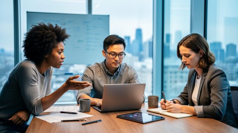 Three writers collaborating at a table in a bright, glass-walled office, using a laptop and tablet while one gestures and others review notes, with a blurred whiteboard and city skyline behind them.