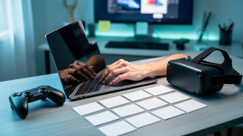 Hands typing on a laptop next to a game controller, VR headset, and blank storyboard cards on a modern desk, with a softly blurred studio background and no readable text.