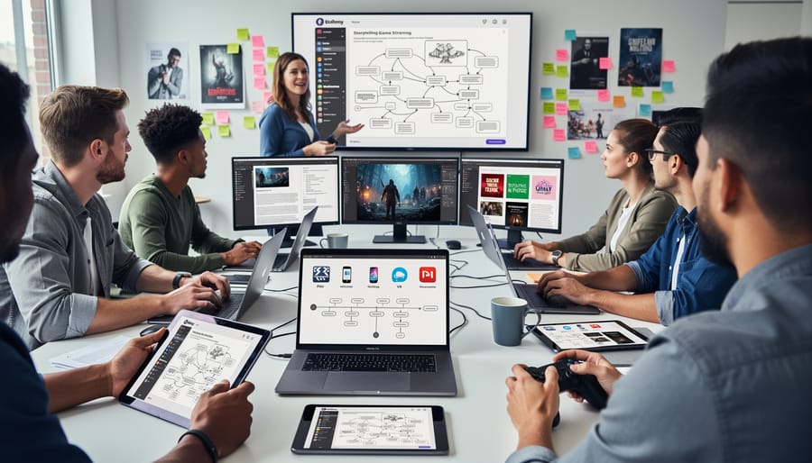 Freelance writer's hands typing on laptop with gaming controller and story notes on desk