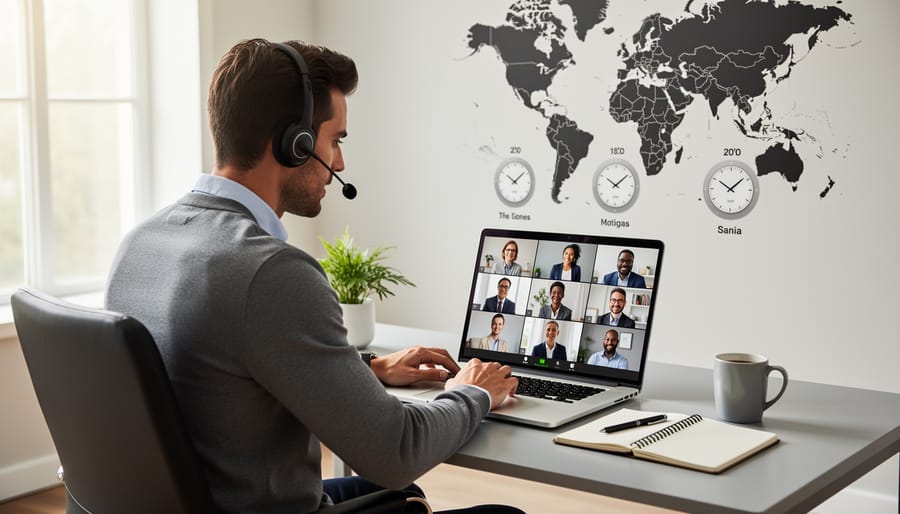 Person participating in international video conference call on laptop