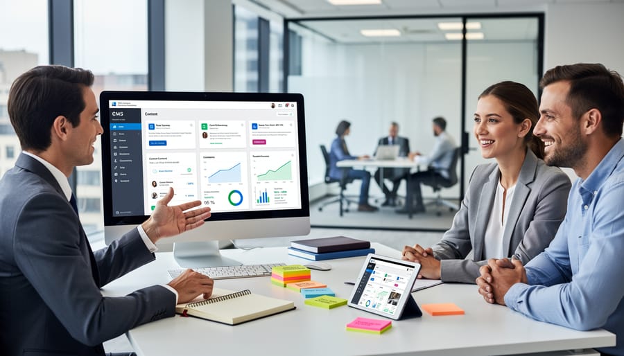 Freelance writer presenting content management solutions to business client in meeting