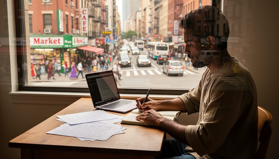Writer at window overlooking cityscape capturing observations in notebook