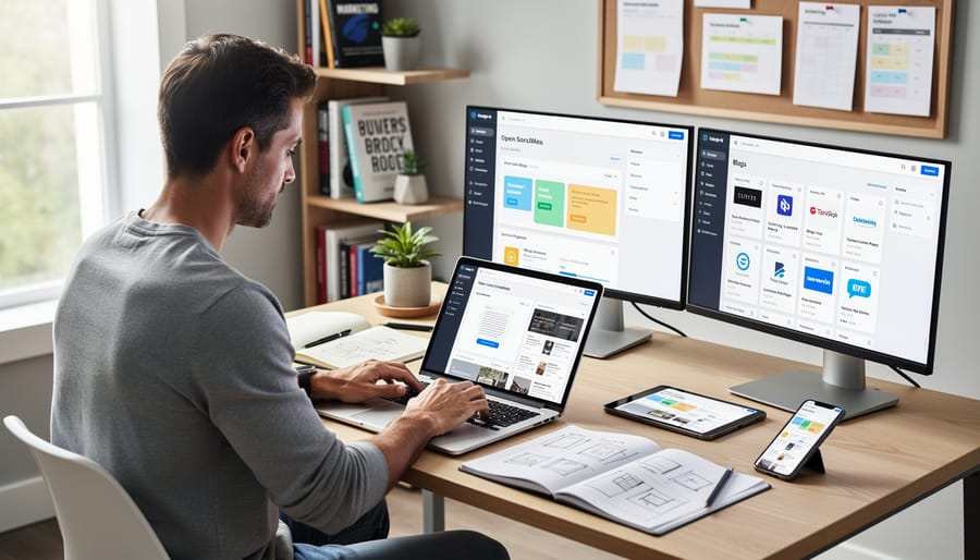 Freelance writer working on laptop with CMS platform at home office desk