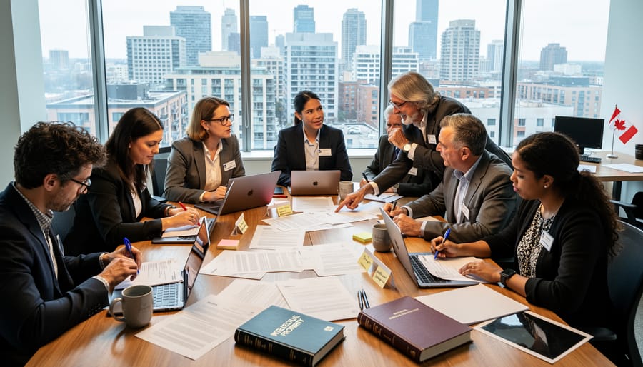 Freelance writers collaborating and sharing resources in professional workspace