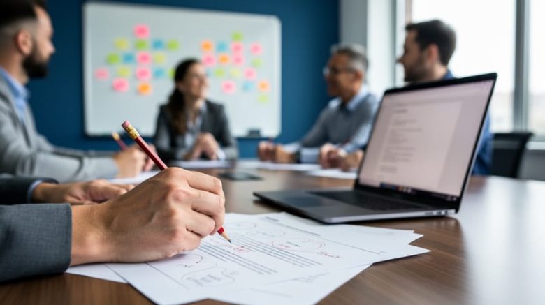 Lead editor marking a printed draft with a red pencil while a diverse writing team discusses feedback around a conference table, with a blurred laptop screen and unfocused whiteboard sticky notes in the background.