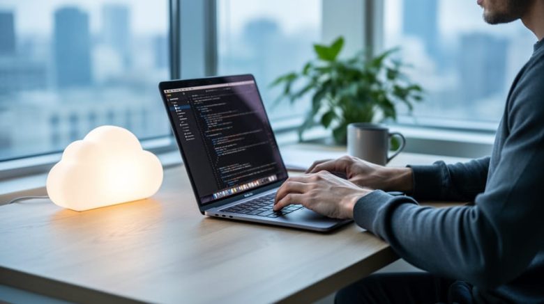 Freelance tech writer typing on a laptop at a modern desk with a cloud-shaped desk lamp, soft natural light from the left, and a blurred city skyline, plant, and coffee mug in the background.