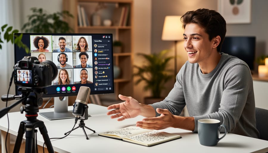 Group of people engaging warmly together while viewing content, representing authentic community connection