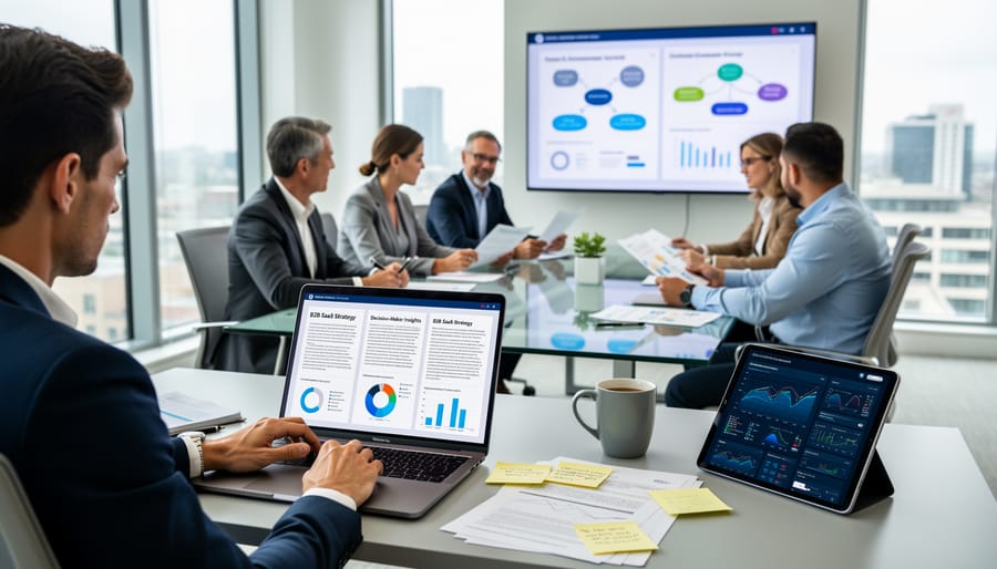 Business professional working on laptop reviewing software in modern office setting