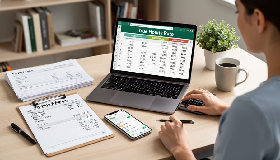 Freelance writer working on laptop with calculator and documents on desk