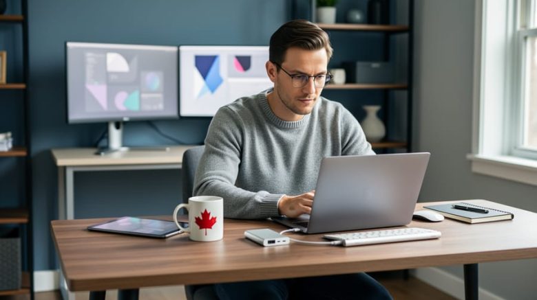Focused freelance writer in a modern home office using a laptop and tablet, maple leaf mug and external SSD on desk, soft daylight, with blurred monitors showing abstract interface shapes in the background