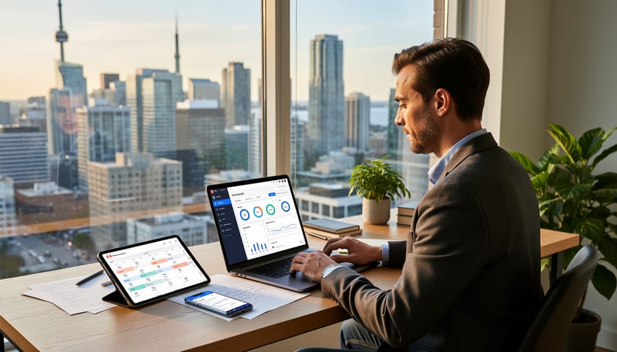 Freelance writer working from home office in Canada with laptop and organized workspace