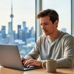 Canadian freelance writer working at a minimalist home office desk with a laptop and mug, Toronto’s CN Tower skyline softly blurred through the window in morning light.
