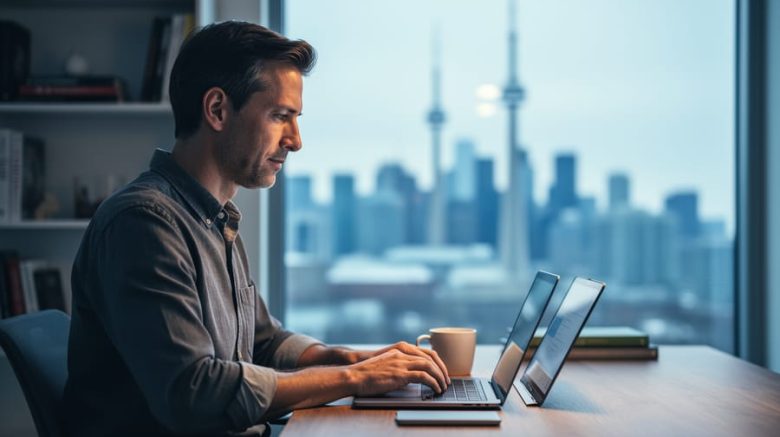 Canadian writer at a home office desk using two laptops, lit by soft daylight, with a blurred Toronto skyline visible through the window, representing the choice between freelancing and contracting.