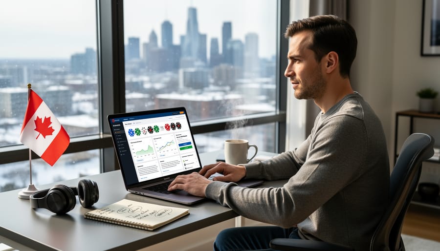 Freelance writer working on laptop in home office with Canadian flag visible