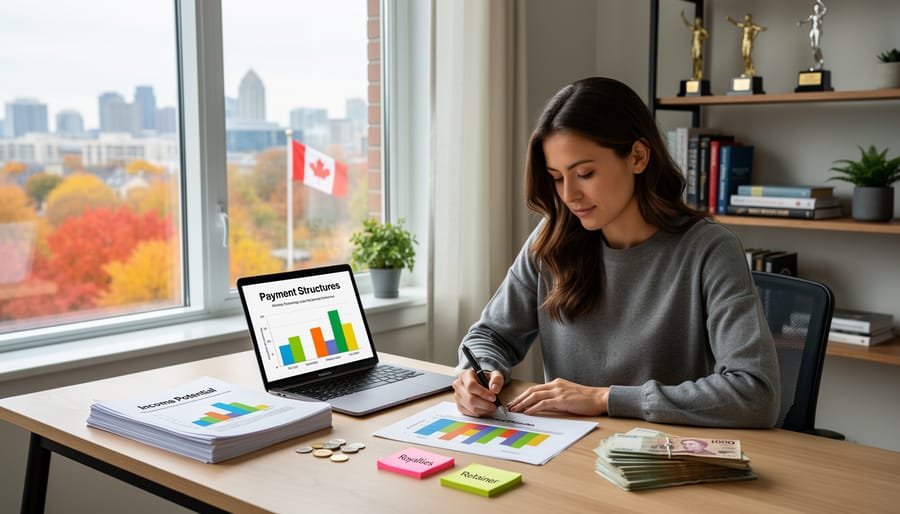 Canadian currency with calculator and notebook on desk representing freelance income planning