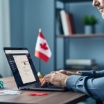 Adult Canadian freelance writer typing on a laptop in a bright home office, with a blurred small Canadian flag in the background and subtle poker chips and playing cards on the desk, soft daylight, shallow depth of field.