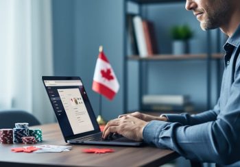 Adult Canadian freelance writer typing on a laptop in a bright home office, with a blurred small Canadian flag in the background and subtle poker chips and playing cards on the desk, soft daylight, shallow depth of field.