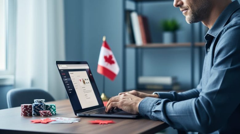Adult Canadian freelance writer typing on a laptop in a bright home office, with a blurred small Canadian flag in the background and subtle poker chips and playing cards on the desk, soft daylight, shallow depth of field.
